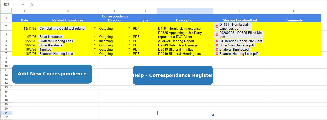 DVA Correspondence Register
