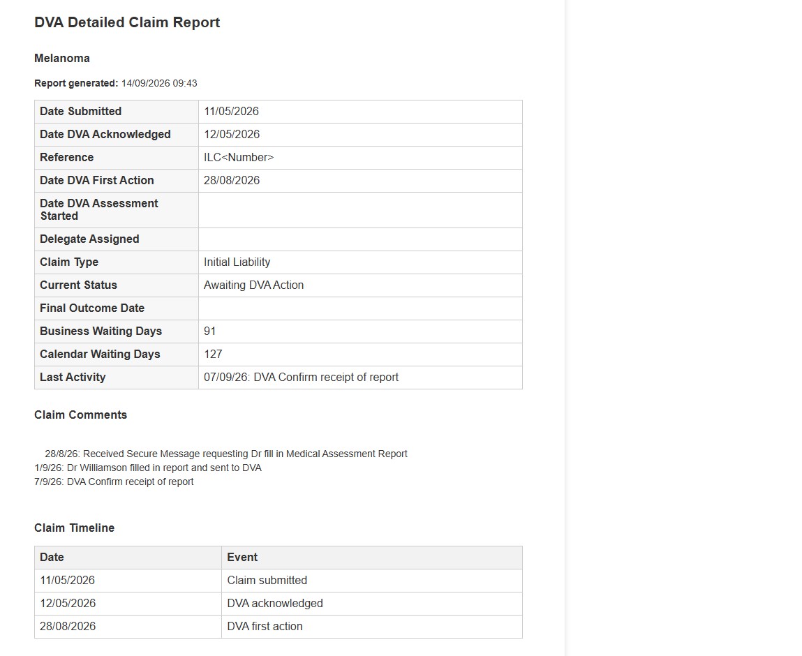 DVA Detailed Claim Report email