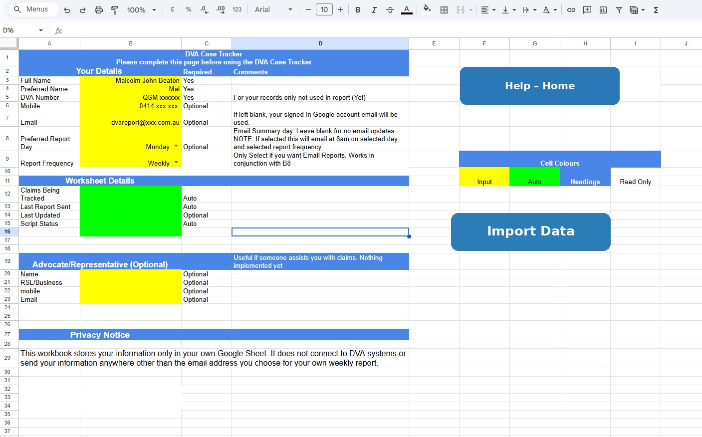 DVA Case Tracker Home sheet