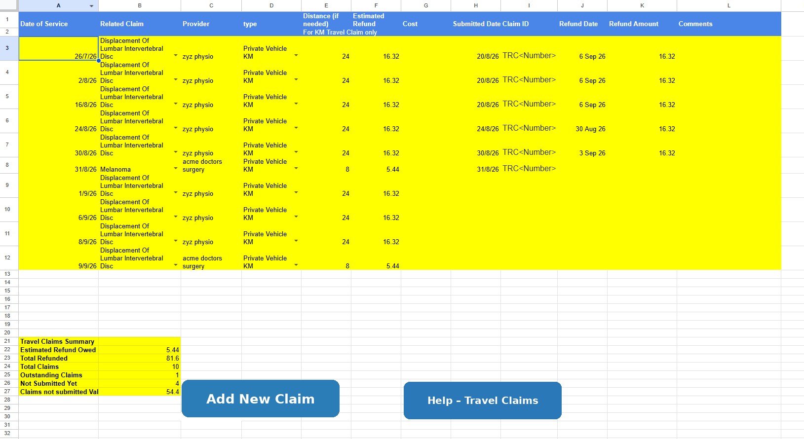DVA Travel Claims sheet
