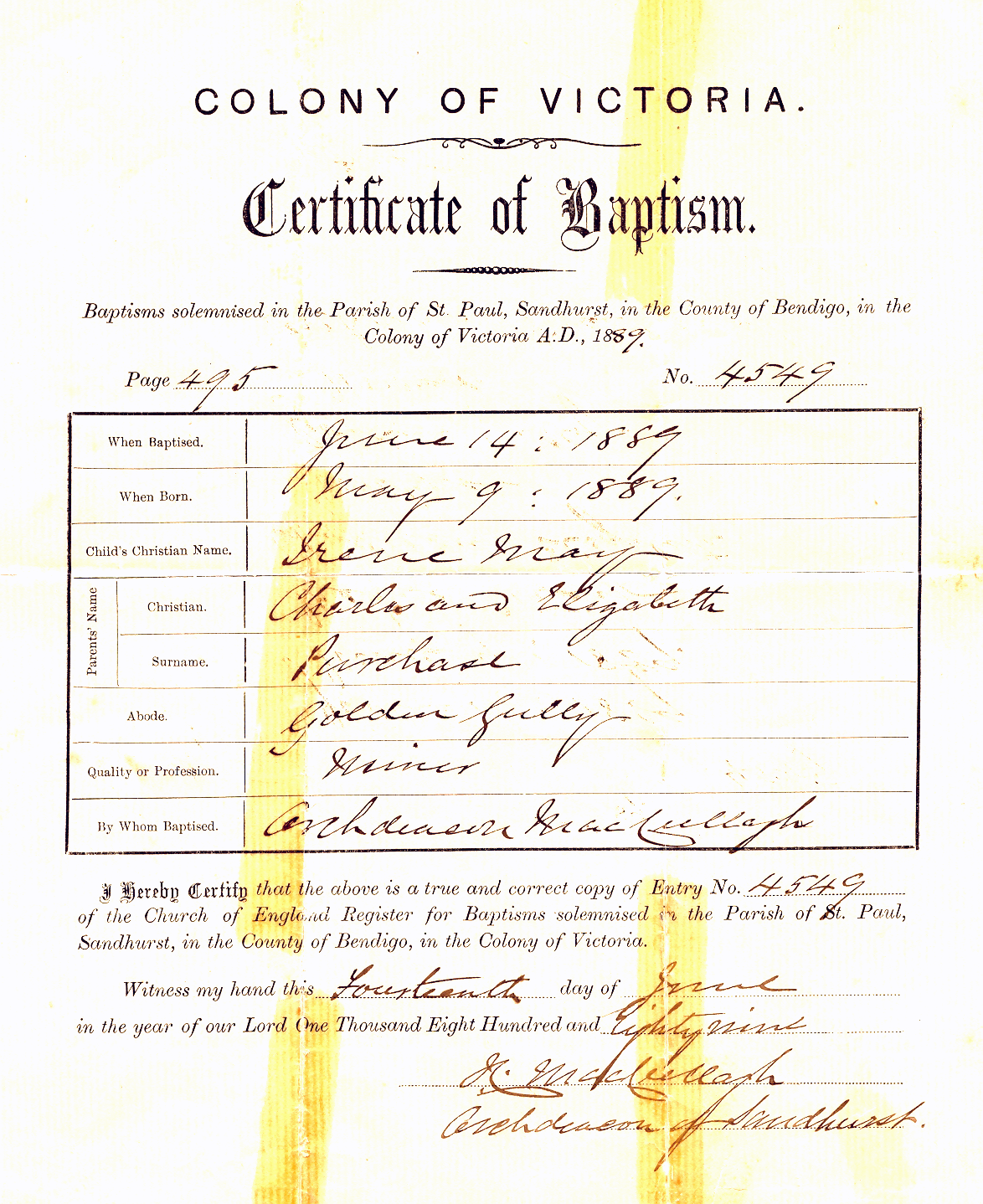 Certificate of Baptism Irene