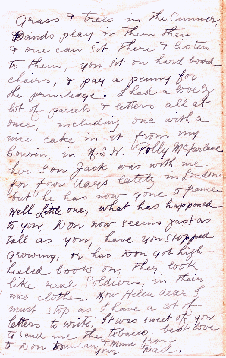 Helen’s letter from her father( Don Snr) in London. 1918.
