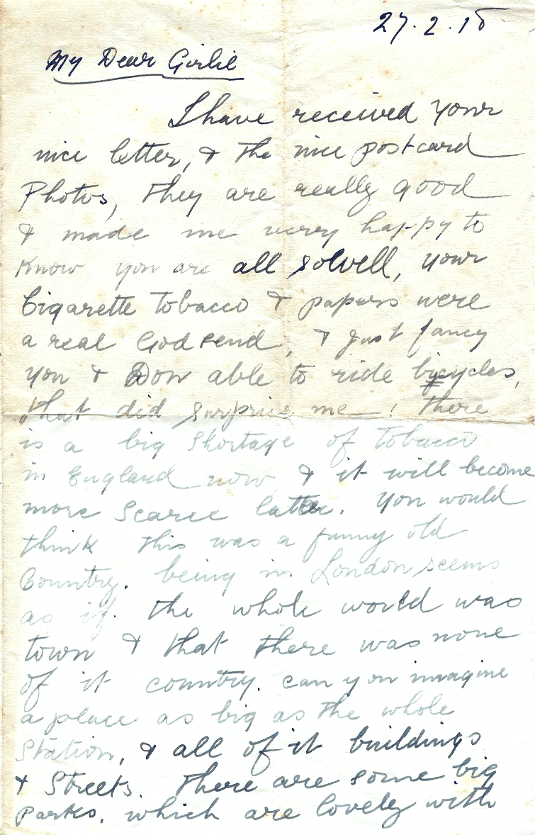 Helen’s letter from her father( Don Snr) in London. 1918.