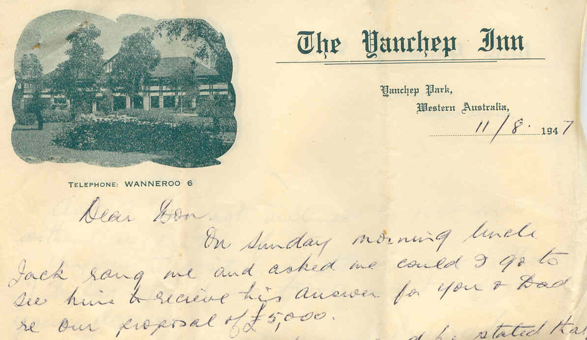 Yanchep Inn letterhead to Don from Dunc