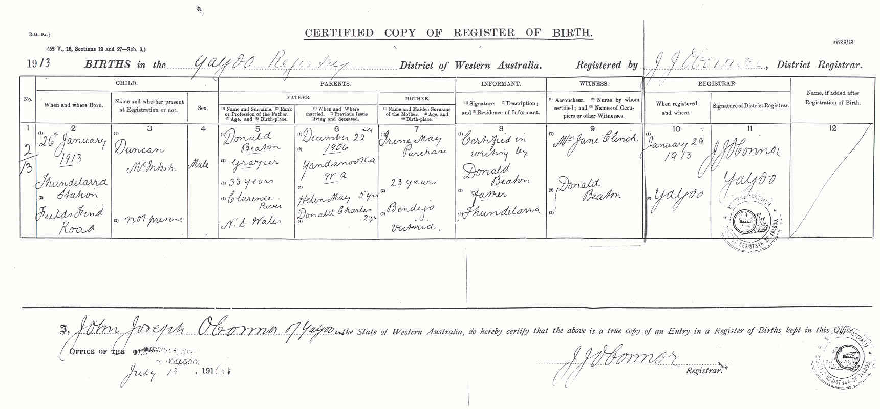 Register of birth Duncan Beaton