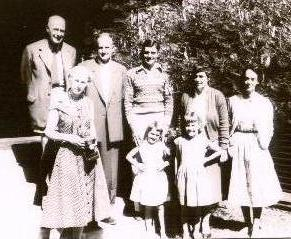 On the steps at Noonkanbah. From left: Sir Charles Gairdner, Lady Gairdner, Jack Lee, Duncan, Ethel, Gwen MacDonald, Carolyn and Jocelyn.