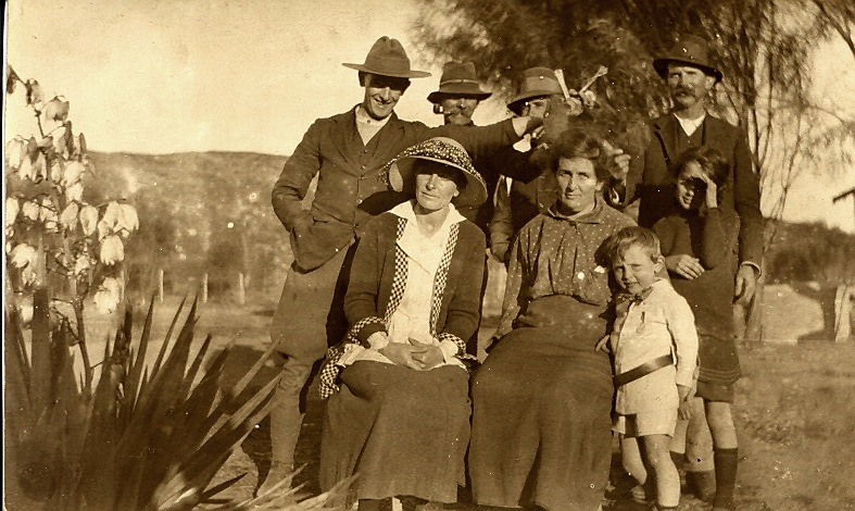 Standing: Hugh Foale, Ken Beaton, unknown, Wally Van. Front: Nell Foale, Ethel Beaton, Nigel and Joan.